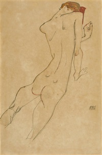 egon-schiele-weiblicher-ruckenakt-female-nude-back-view-recto-sitzernder-weiblicher-akt-seated-female